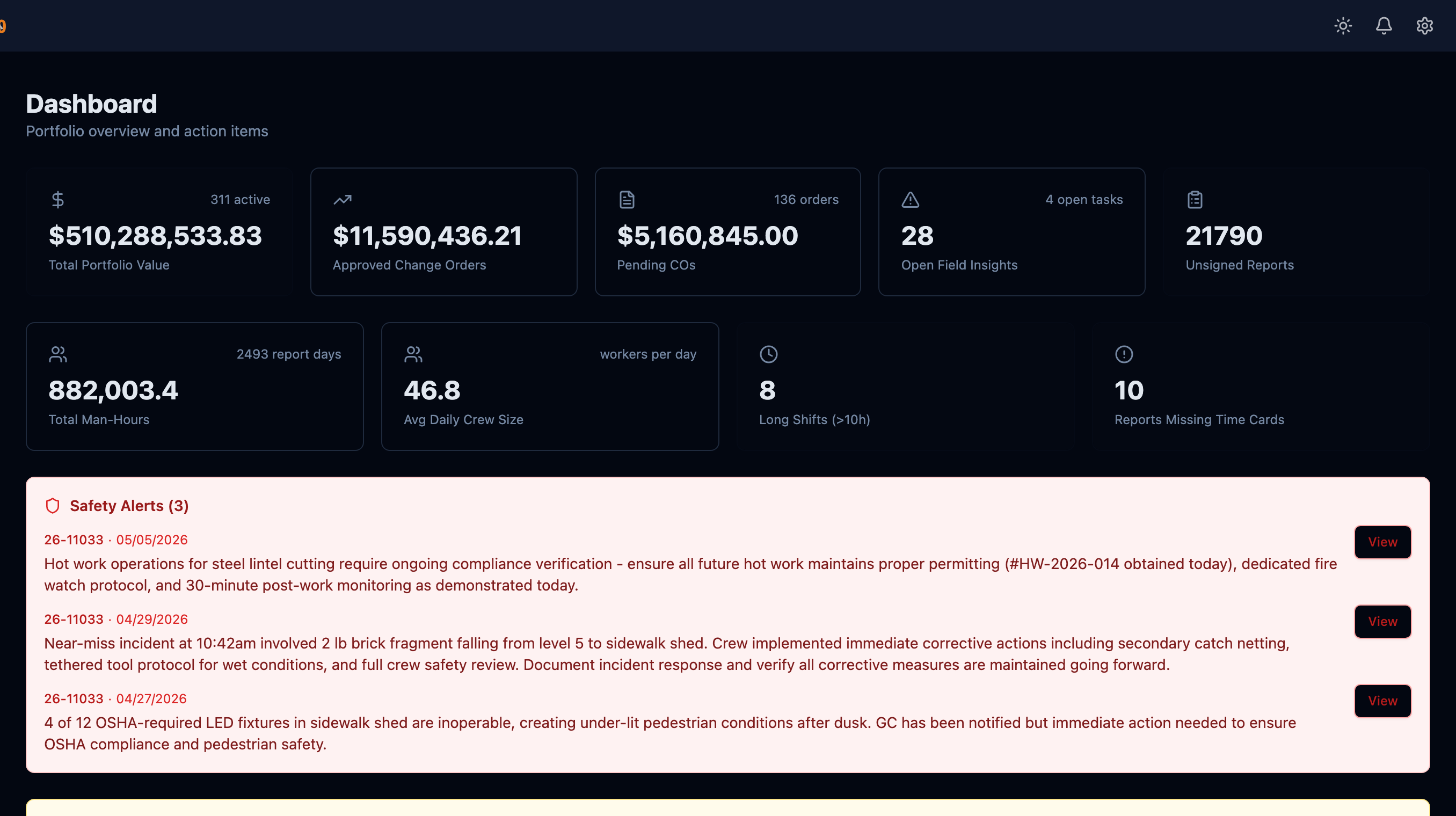 Sub360 dashboard — portfolio KPIs, open insights, and safety alerts