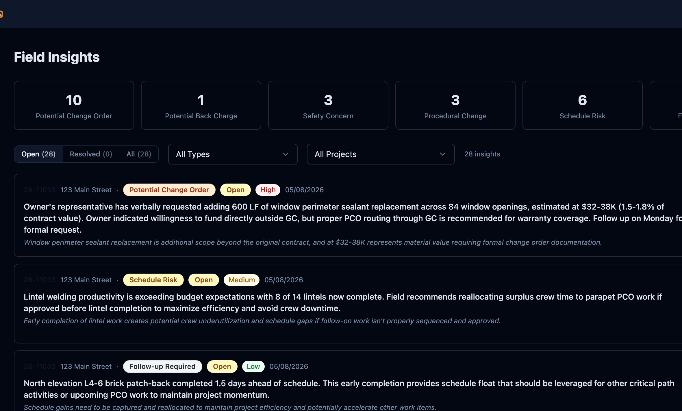 Sub360 Field Insights — AI-categorized risks from every daily report